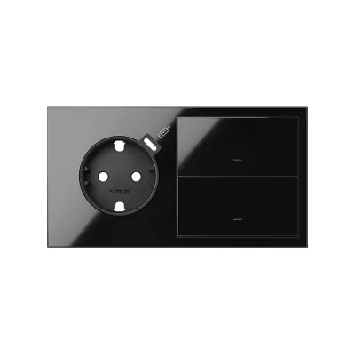 Кит 2 поста, фронт. Накладка на 1 роз.Schuko с з/у USB C + 2 клав.выкл-лей, черный глянец, S100