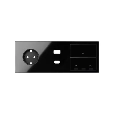 Кит 3 поста, фронт. Накладка на 1 роз.Schuko + з/у USB A+C + 1 клав.выкл-ля + 1 клав.жалюзи, черный глянец, S100
