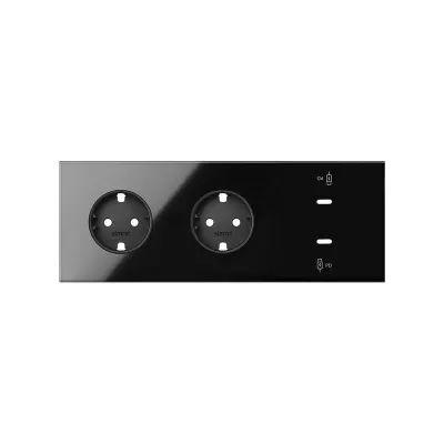 Кит 3 поста, фронт. Накладка на 2 роз.Schuko + 2 з/у USB C, черный глянец, S100