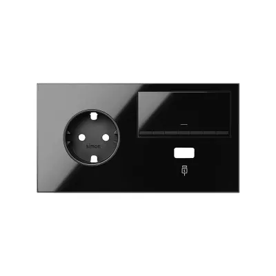 Кит 2 поста, фронт. Накладка на 1 роз.Schuko (лев) + 1 з/у USB A + 1 клав.светорег-ра, черный глянец, S100