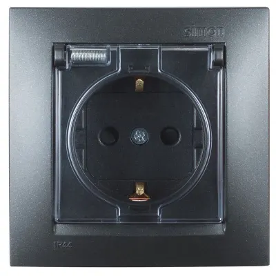 Розетка IP44 моноблок с крышкой и шторками Schuko 2Р+Е, 16A 250В~, графит, S15