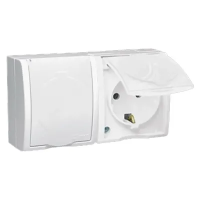Розетка двойная IP54 с крышкой и шторками Schuko 2x2Р+Е, 16A 250В~, белый, S15A