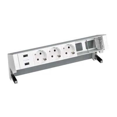 Настольный x6 розеточный блок, 3x2P+E, USB A+A з/у, 2 пустых модуля, алюминий, S400